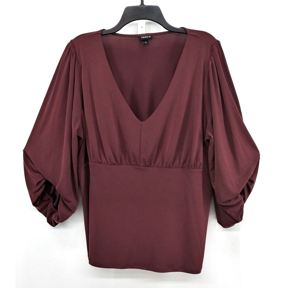 Torrid Blouse Womens Size 2 Plum Purple 3/4 Ballon Sleeve V-Neck Pullover Top